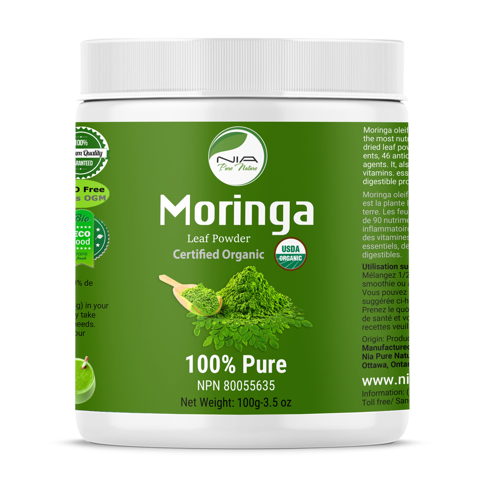 Poudre biologique de feuilles de Moringa Oleifera -100g